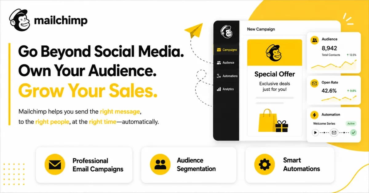 Mailchimp banner reading Go Beyond Social Media, Own Your Audience, Grow Your Sales, with a campaign dashboard and icons for email campaigns, audience segmentation and smart automations.