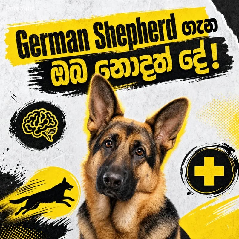 AI-generated Facebook post about German Shepherds for Pettopia, written in Sinhala