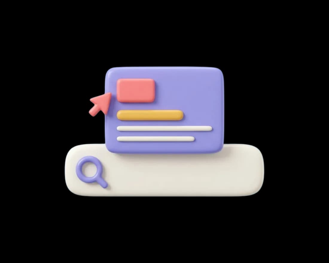 A 3D illustration of a Google Search ad: a sponsored result card with an "Ad" label appearing above a search bar.