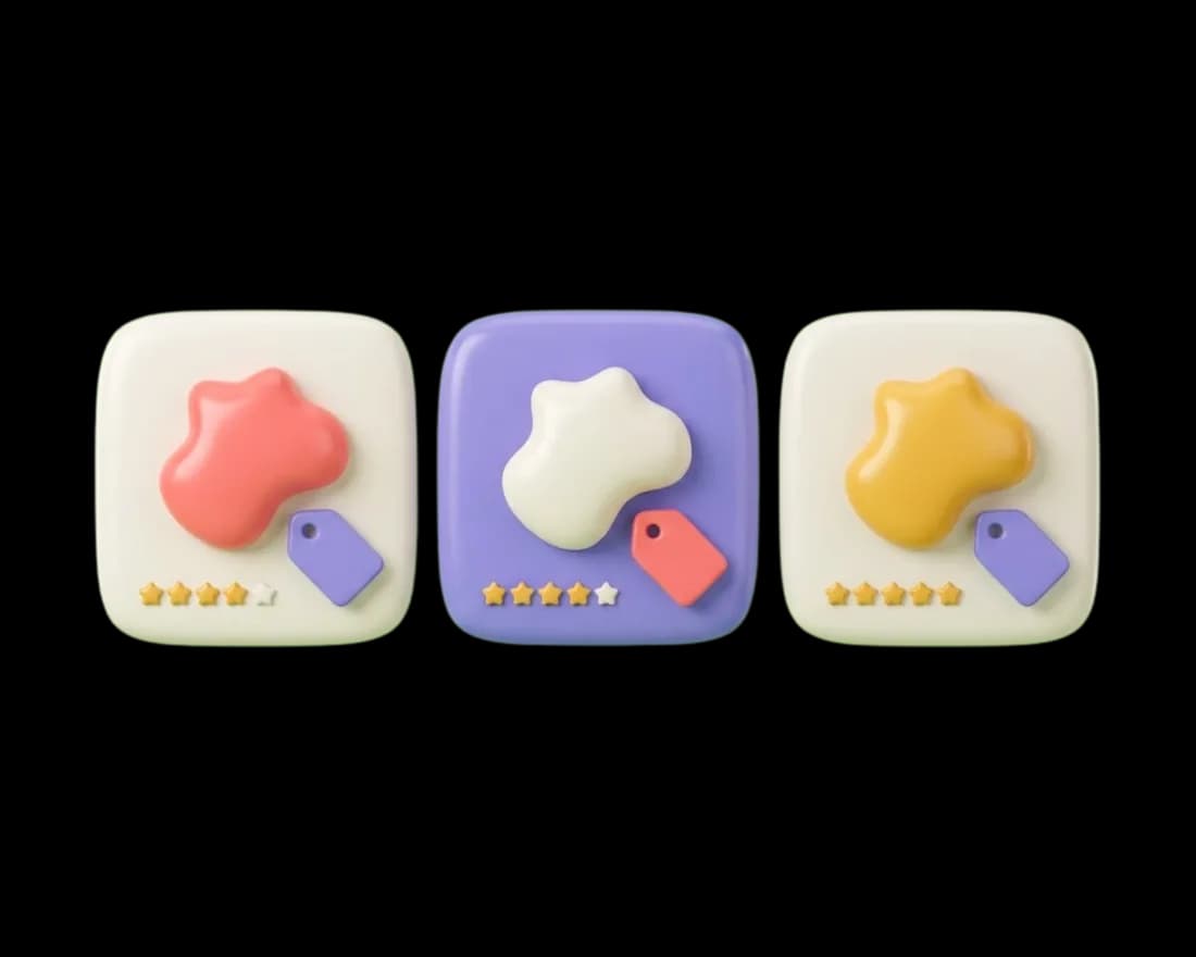 A 3D illustration of Google Shopping ads: three product cards showing photos, price tags and star ratings.